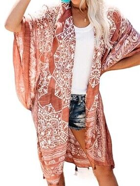 Breezy Lane Boho Kimono Top Bathing Suit Cover Up Pink/White ResortWear OS